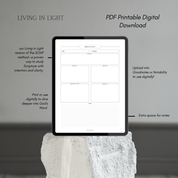 Bible Study Notes PDF – Faith-Based SOAP Bible Study Method – Digital Scripture Journal Page – Living in Light Printable Devotional Worksheet