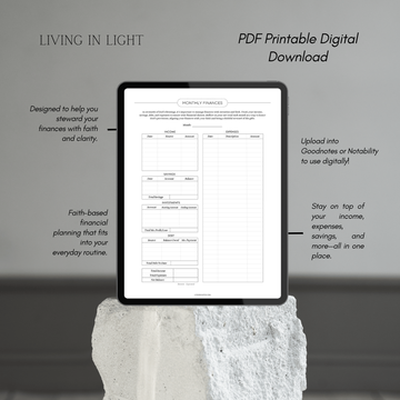 Monthly Finance Budget Tracker PDF – Income, Expenses, Savings, Debt & Investments – Net Balance Worksheet – Christian Digital Planner Page