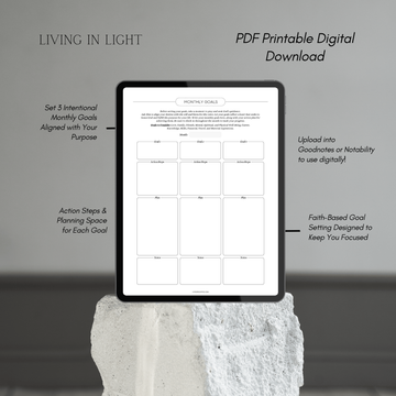 Monthly Goals Planner PDF – Christian Goal Setting Worksheet – 3 Goals with Action Steps & Notes – Printable Faith-Based Productivity Page