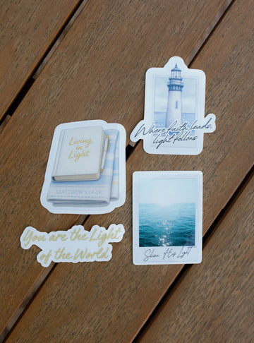 Christian Sticker Pack (4 Stickers) - Living in Light Vinyl Die-Cut Stickers - Cute Aesthetic Coastal Stickers