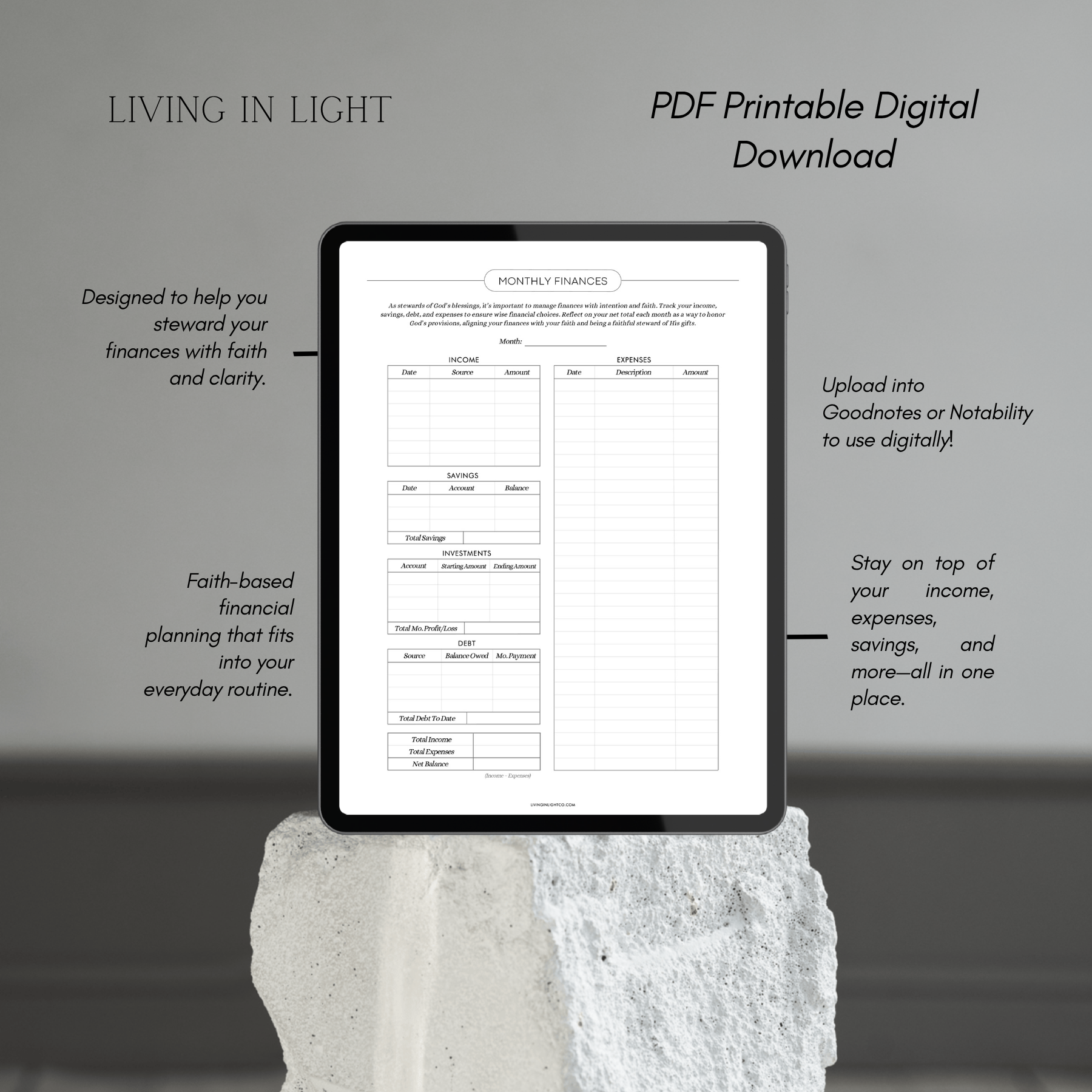 Monthly Finance Budget Tracker PDF – Income, Expenses, Savings, Debt & Investments – Net Balance Worksheet – Christian Digital Planner Page