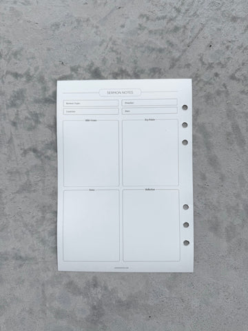 A5 Sermon Notes Additional Sheets - Set of 5 Sheets with 6 Ring Holes