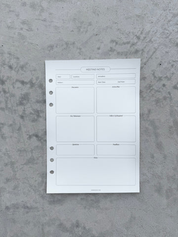 A5 Meeting Notes Additional Sheets - Set of 5 Sheets with 6 Ring Holes