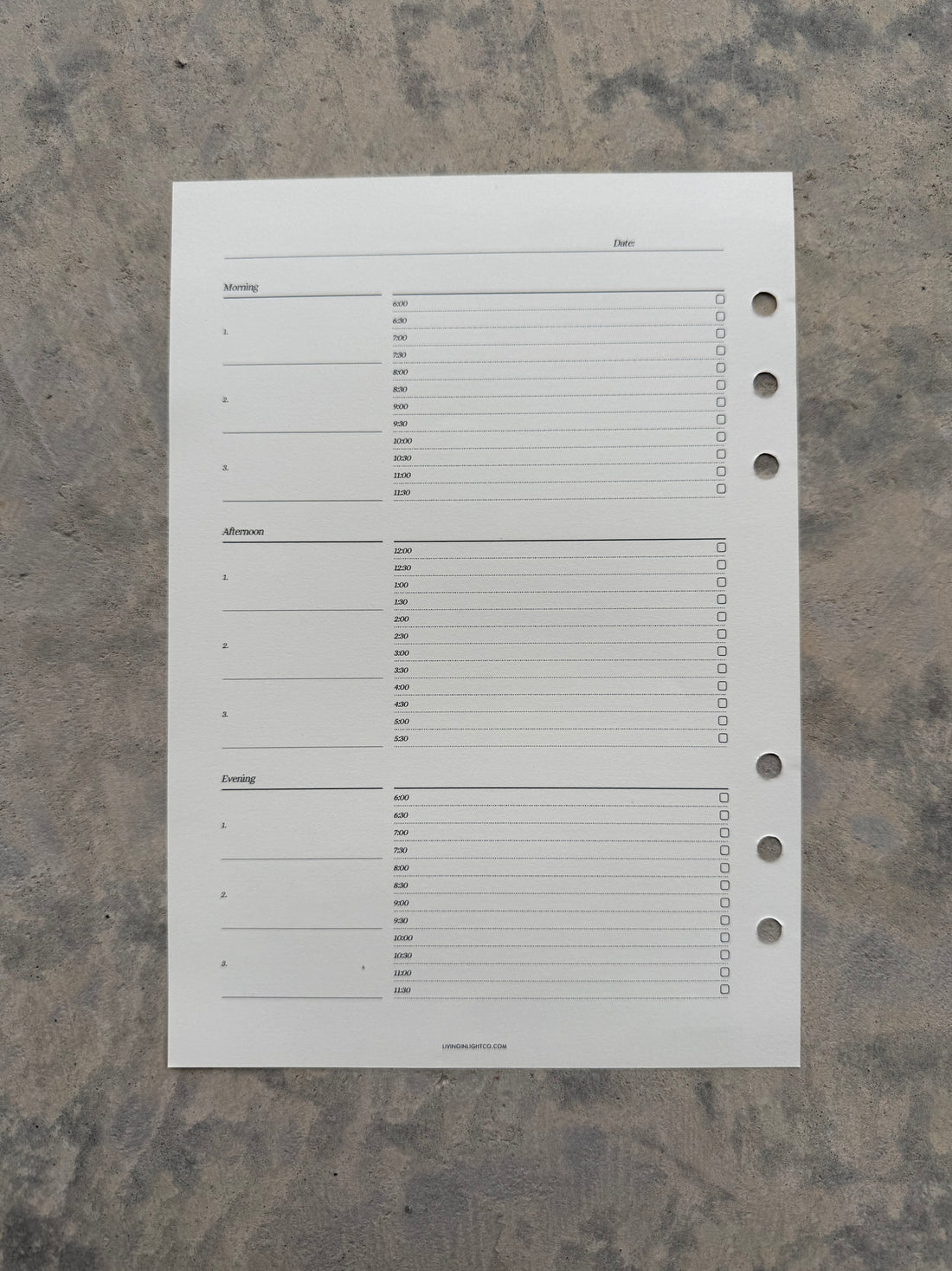 A5 Christian Hourly Daily Planning Inserts – 31-Sheet Set with 6 Ring Holes
