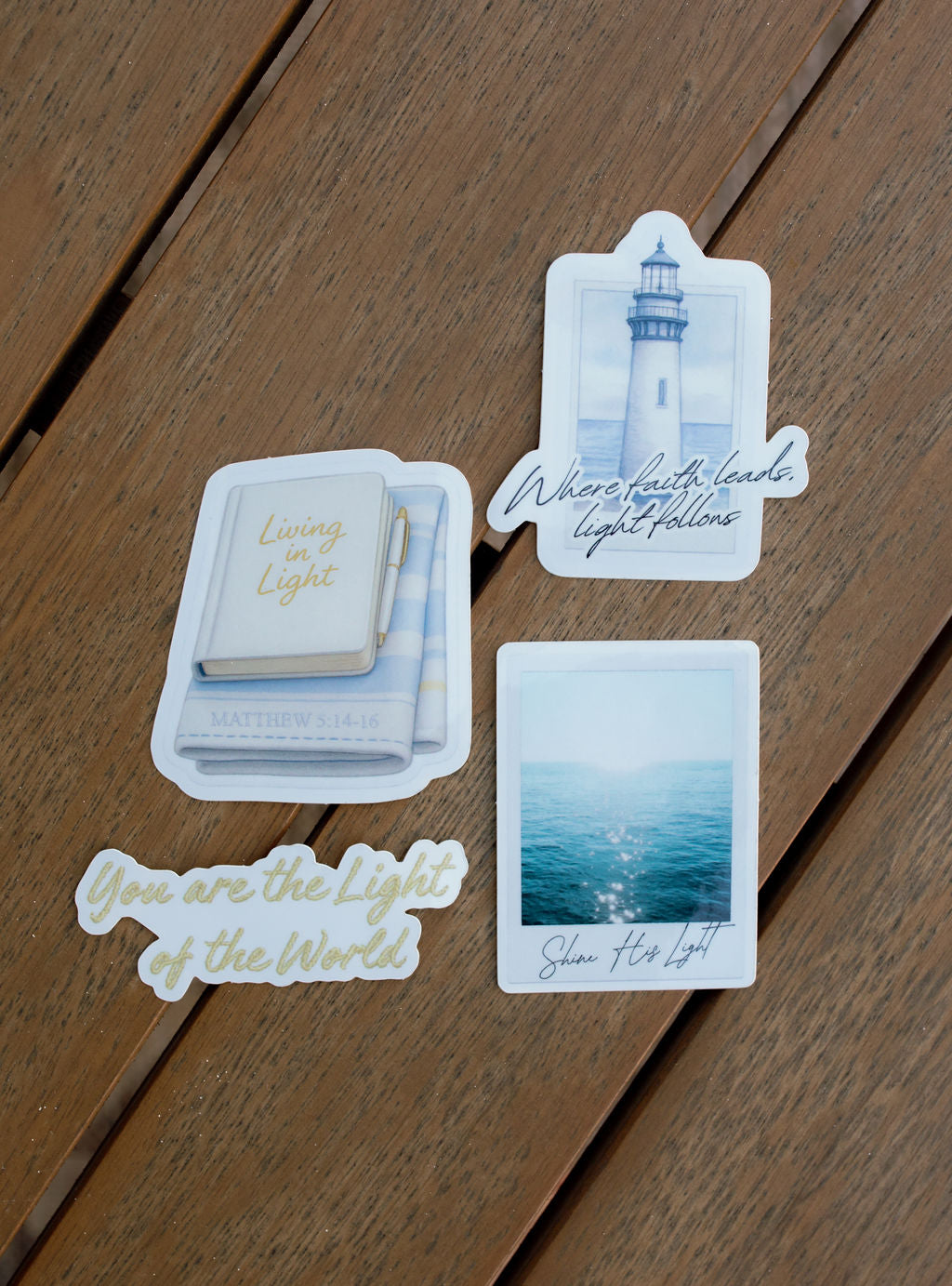 Christian Sticker Pack (4 Stickers) - Living in Light Vinyl Die-Cut Stickers - Cute Aesthetic Coastal Stickers