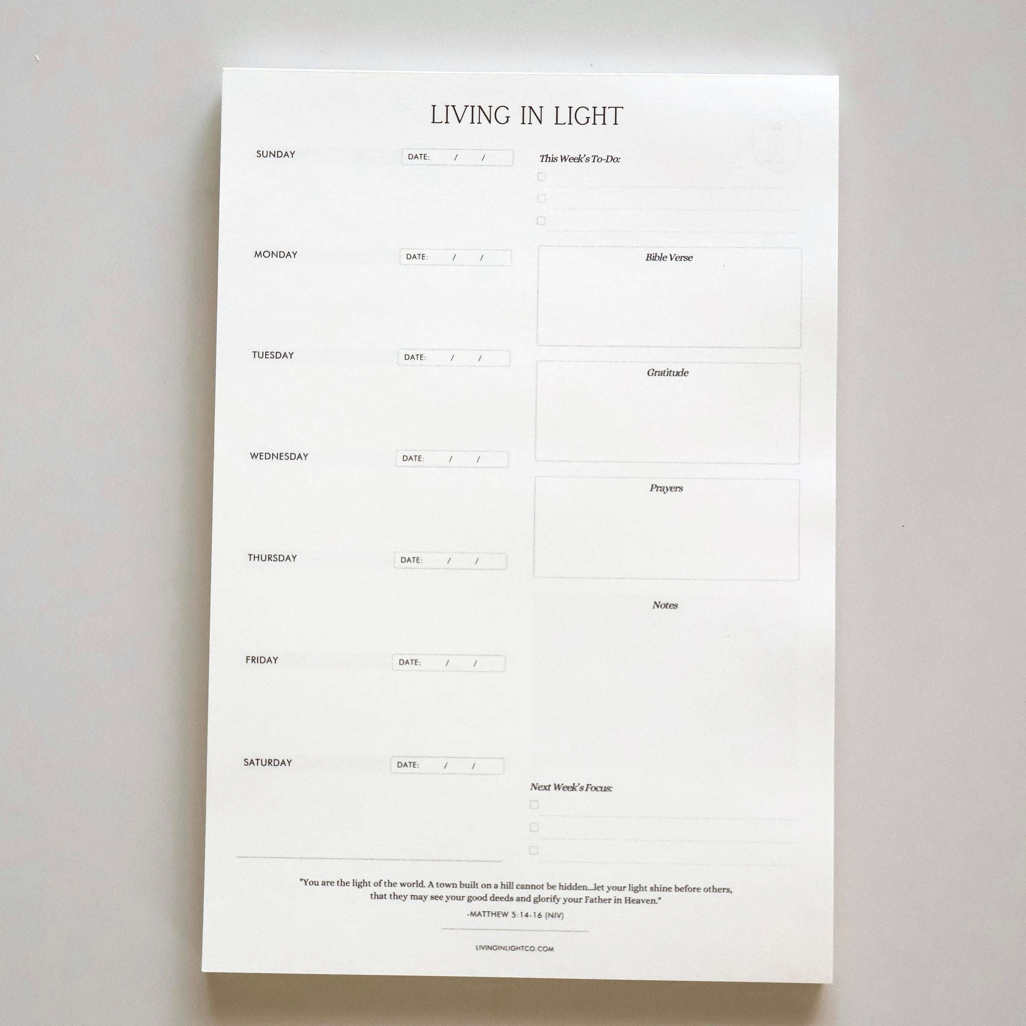 Living in Light Faith-Based Weekly Notepad — To-Dos, Focus, Gratitude, Prayer